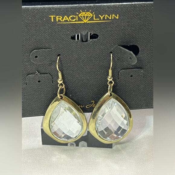 Traci Lynn Gold & Clear Teardrop Earrings Pierced - Picture 1 of 3